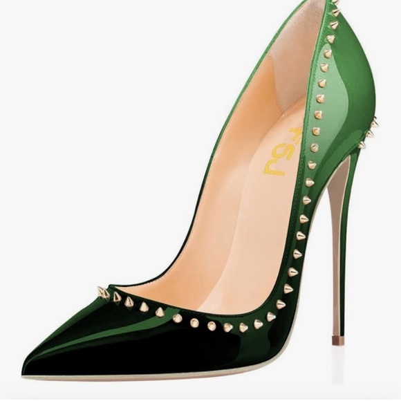 FSJ Green and Black Studded Women's Stiletto Heels - Picture 1 of 7